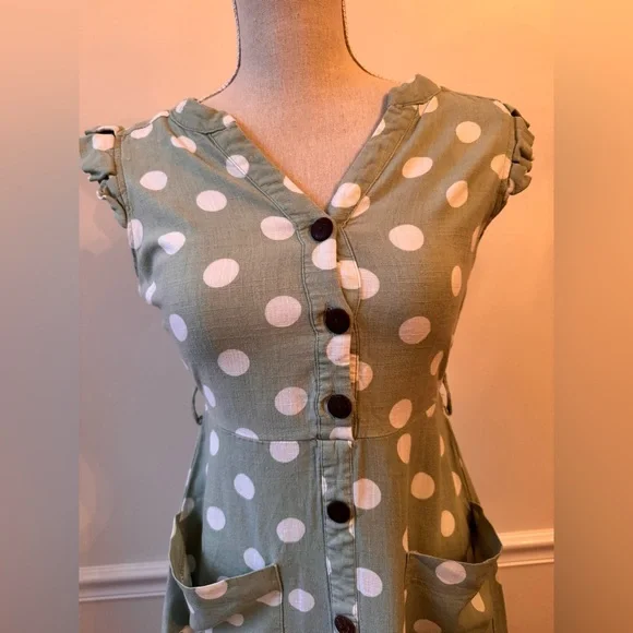 Monteau Green Linen Blend Polka Dot Midi Dress - Size Small - Picture 2 of 11